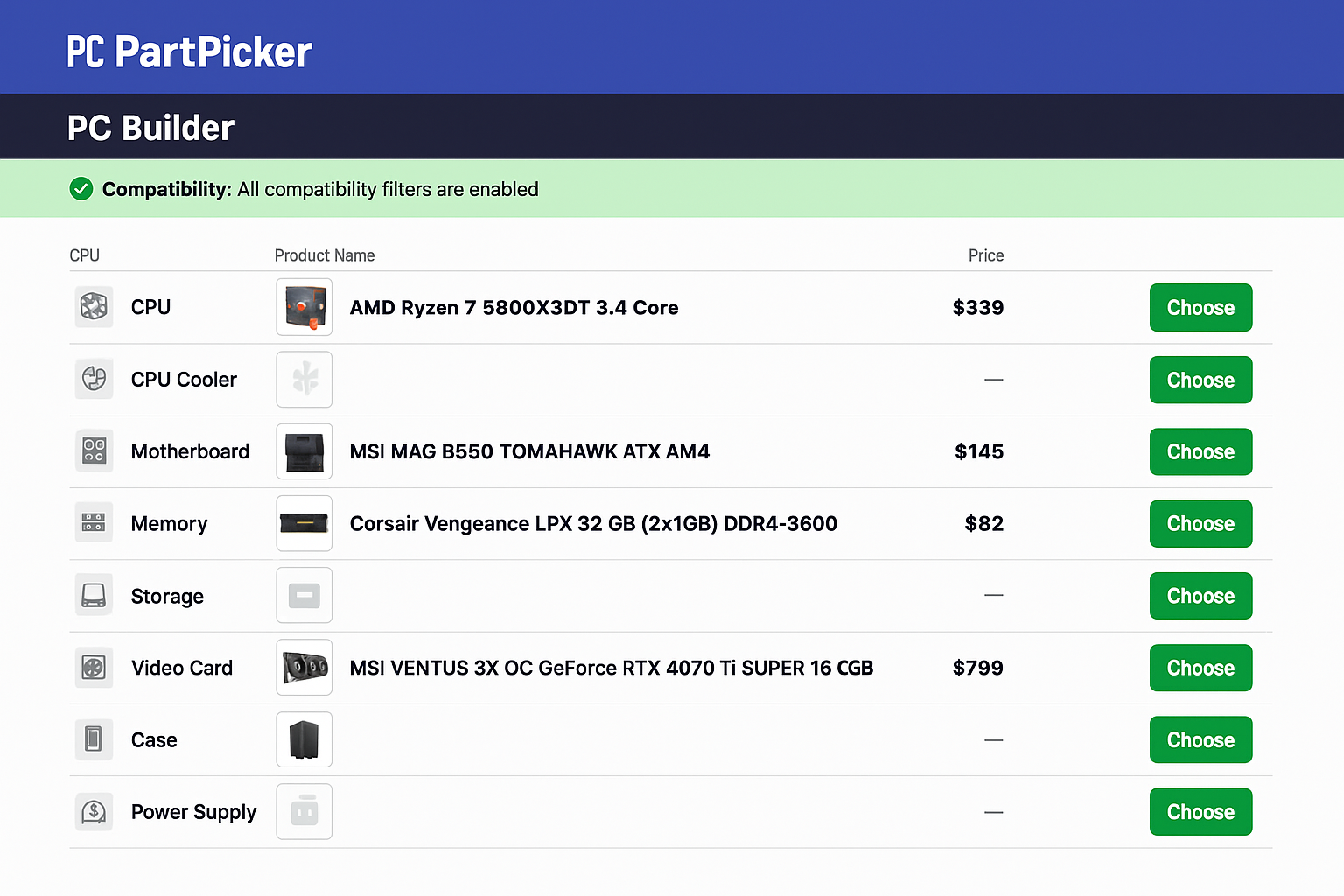 PCPartPicker build planner showing component compatibility checker and price comparison across retailers