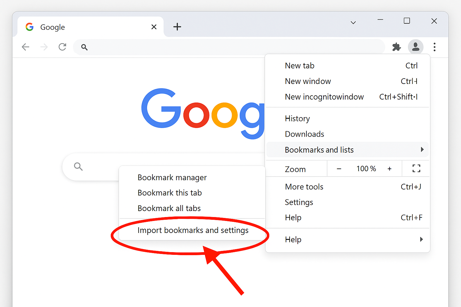 Chrome three-dot menu with Bookmarks and lists expanded, showing Import bookmarks and settings option