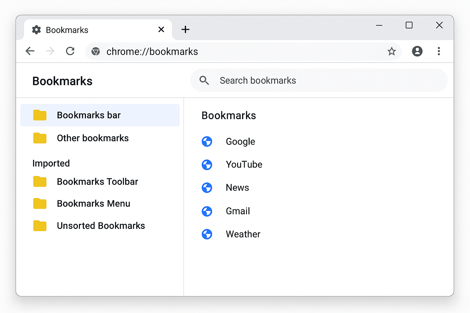 Chrome bookmark manager showing drag and drop of bookmarks from imported folder to Bookmarks bar