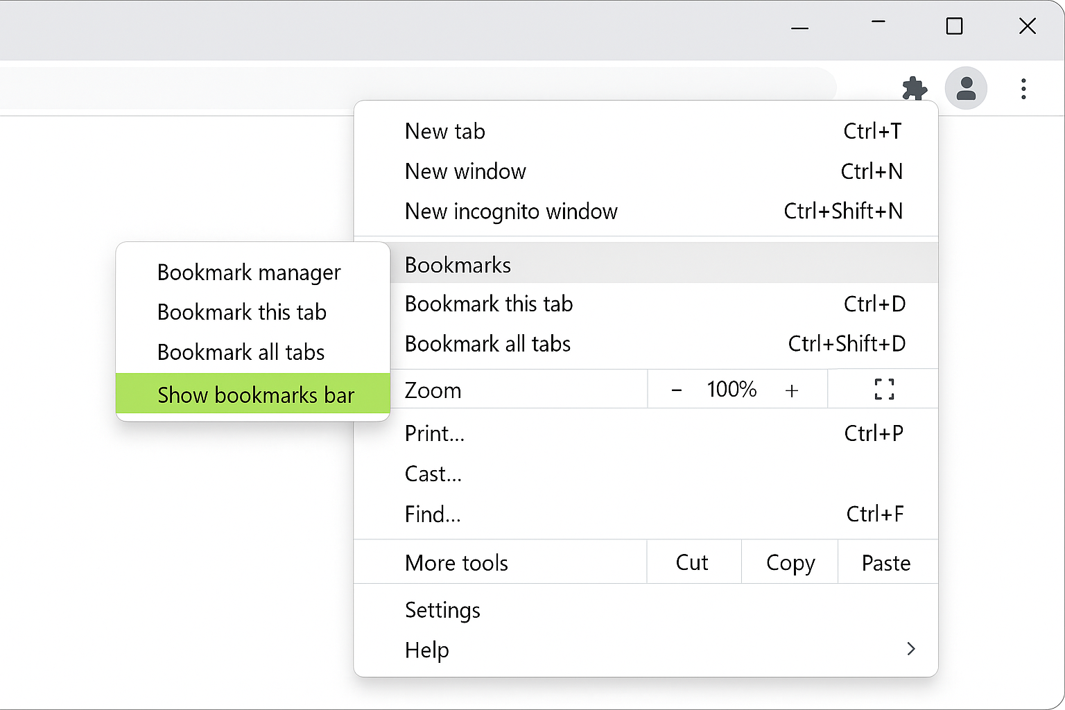 Chrome menu with Bookmarks and lists expanded, showing Show bookmarks bar option