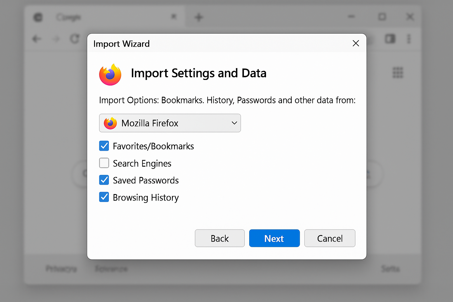 Chrome import dialog with Mozilla Firefox selected and import options visible
