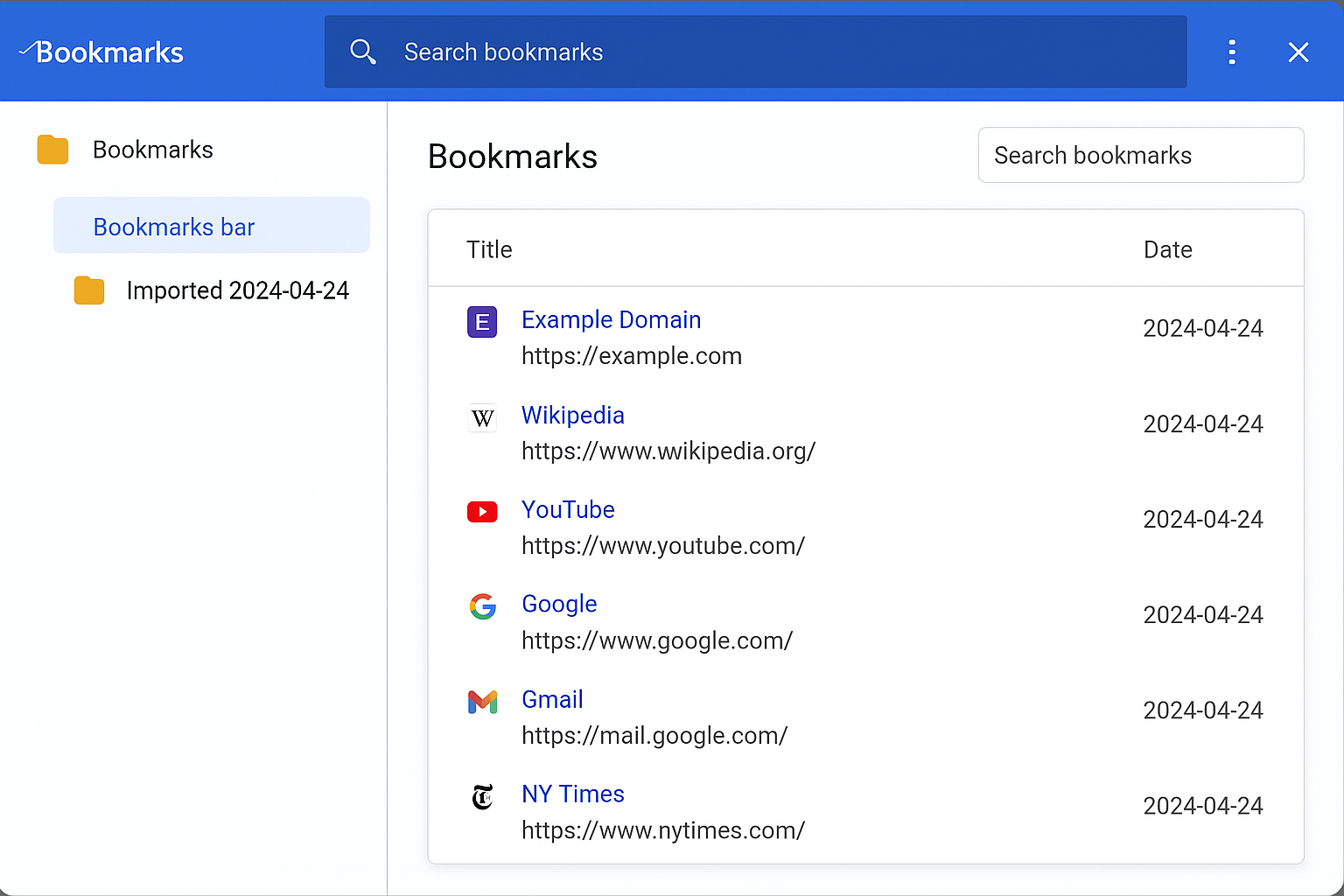 Chrome bookmark manager showing imported Firefox bookmarks in a dated folder