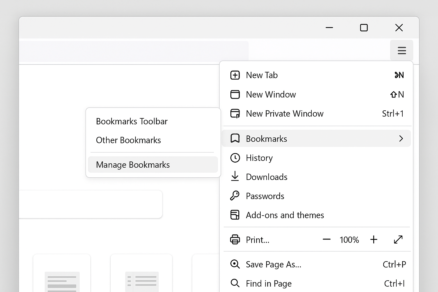 Firefox menu with Bookmarks expanded showing Manage Bookmarks option
