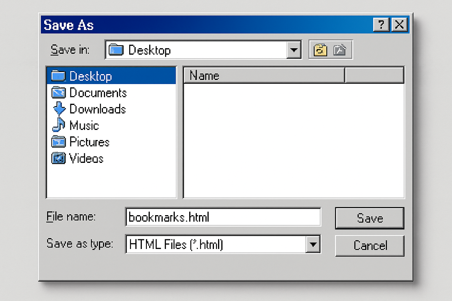 Windows save dialog for bookmarks.html file with Desktop selected as location