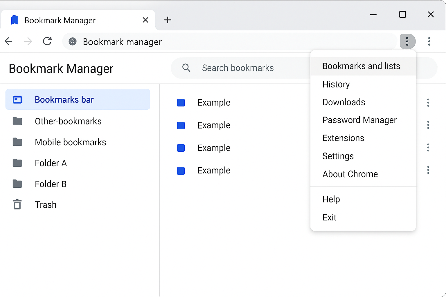 Chrome bookmark manager interface with the three-dot menu in the top-right