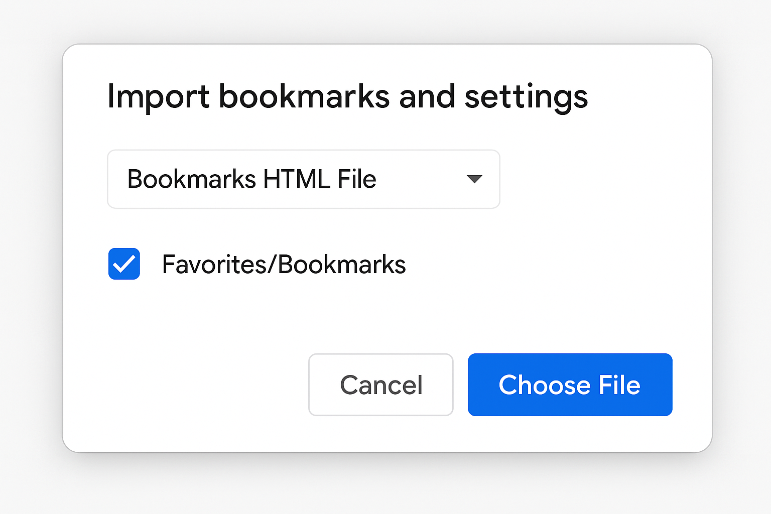 Chrome import dialog with Bookmarks HTML File selected and file browser open