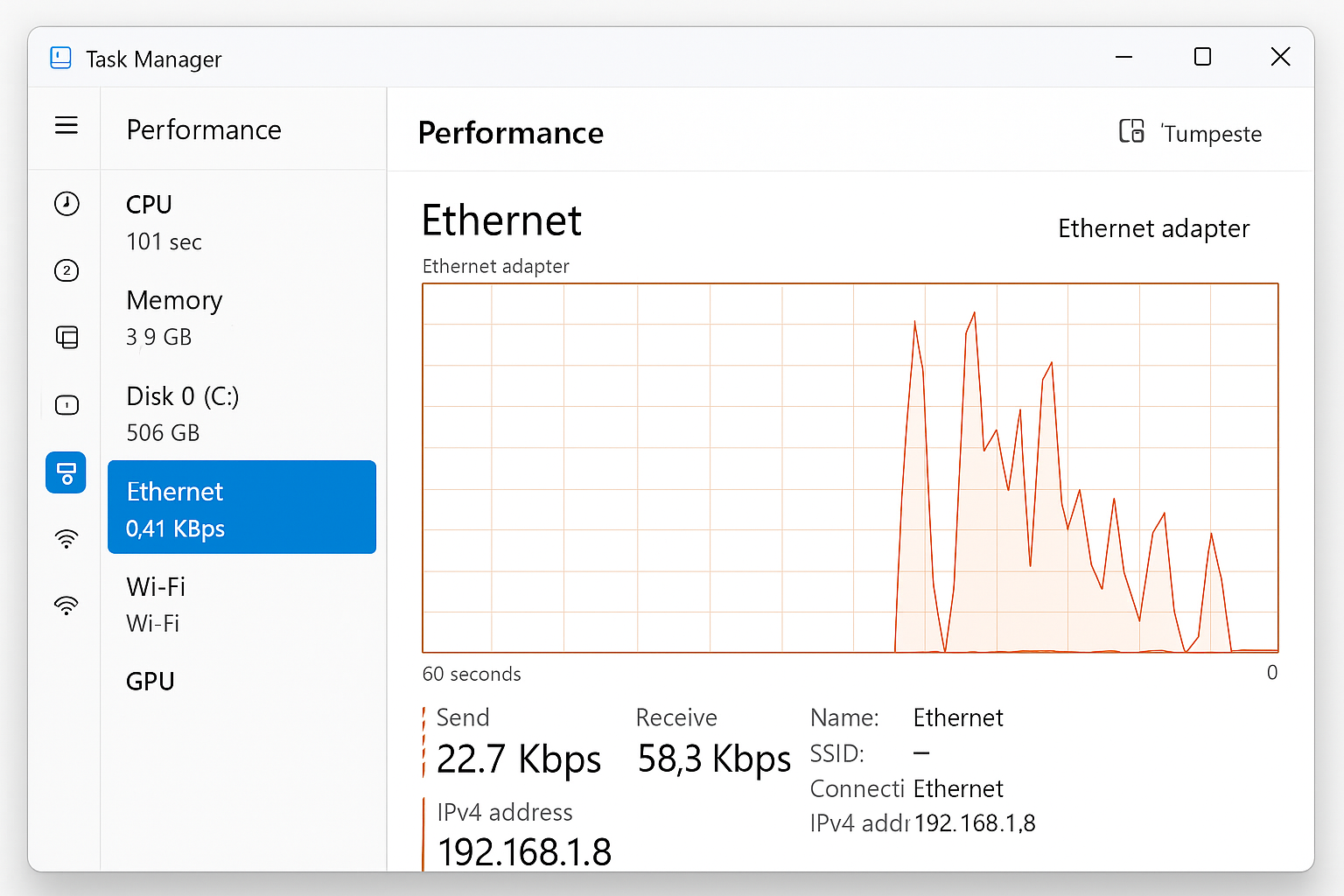 Windows 11 Task Manager Performance tab showing Ethernet speeds during file transfer