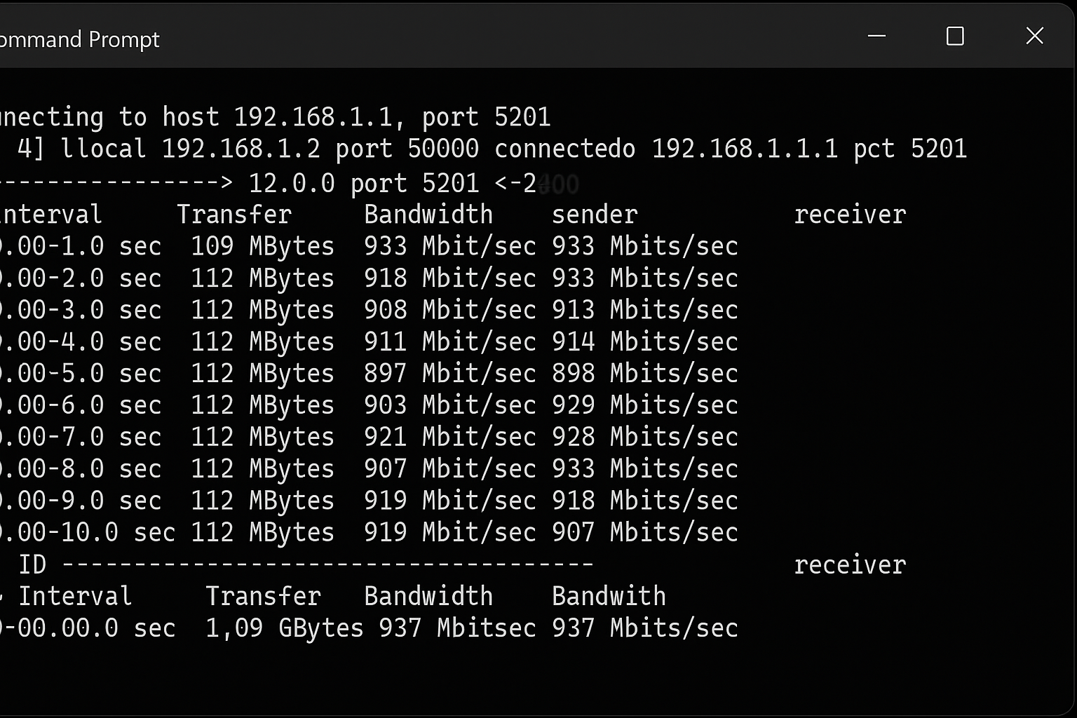 Command prompt showing iPerf3 test results with transfer speeds