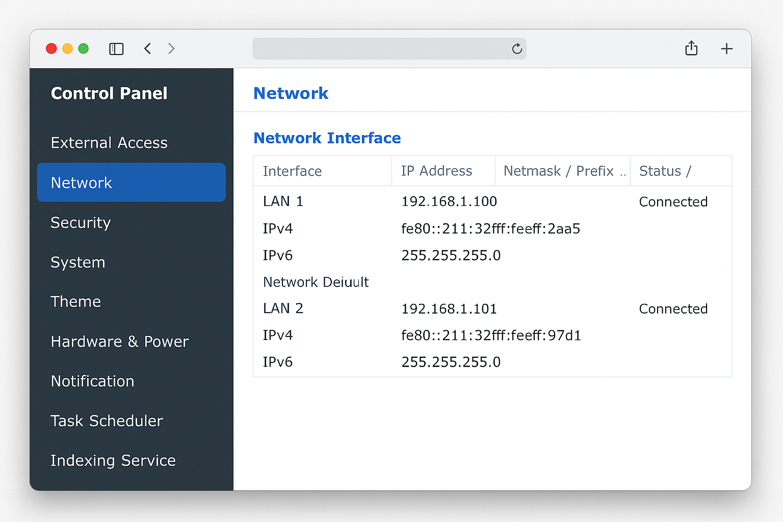 Synology DSM Control Panel showing network speed test interface