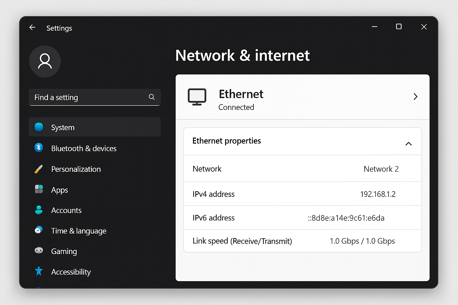 Windows 11 Network settings showing ethernet connection speed
