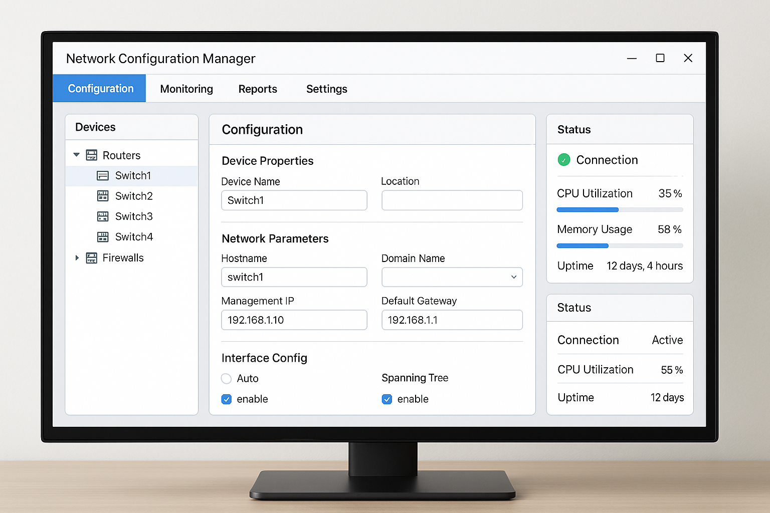 Network configuration dashboard with performance graphs and technical settings displayed on monitor
