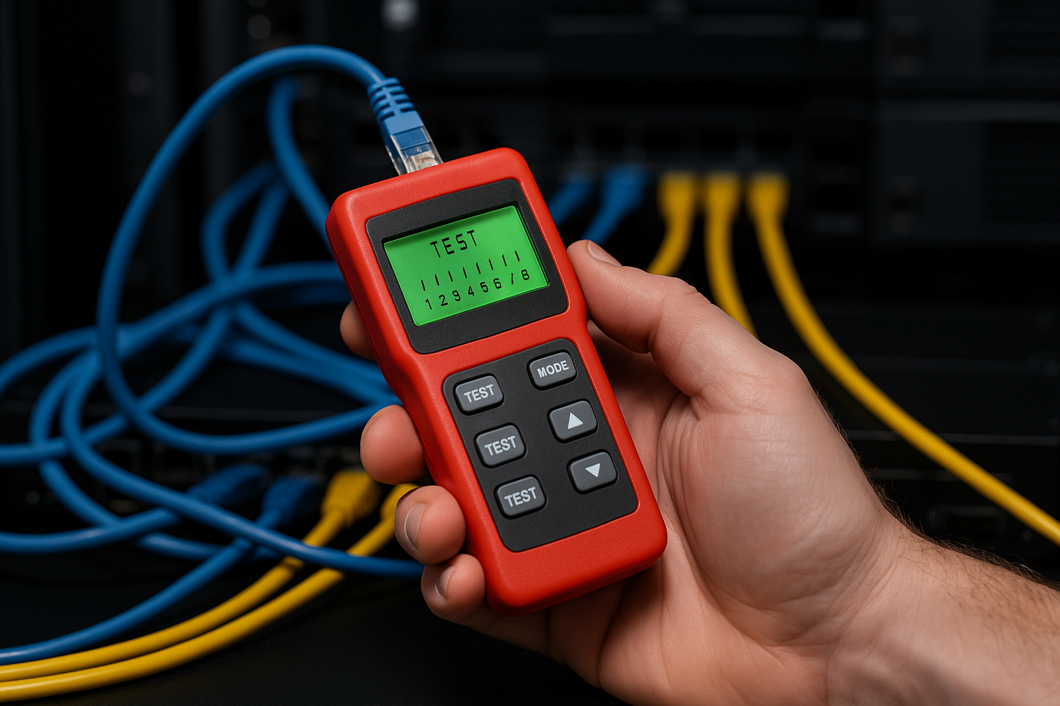Person examining router with diagnostic tools and network cables spread on desk