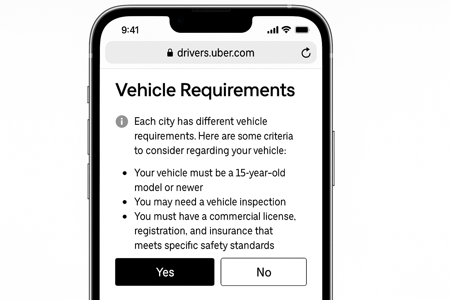 Uber driver signup page showing vehicle requirements and earnings estimates for 2026