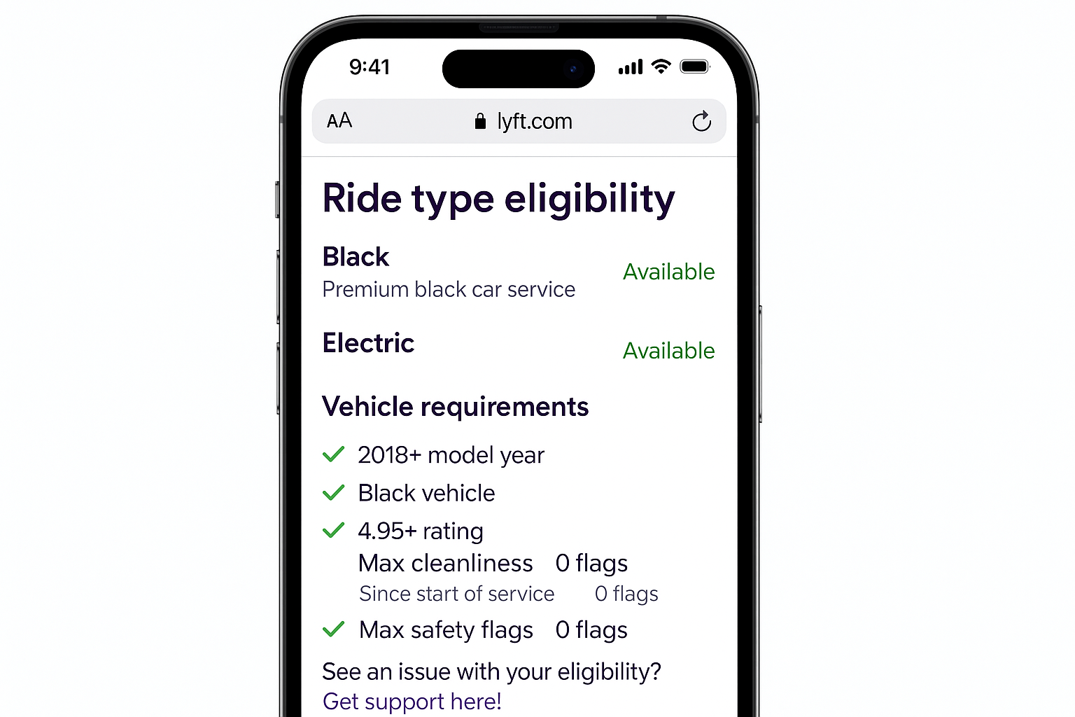 Lyft driver requirements page showing car eligibility checker and local market information