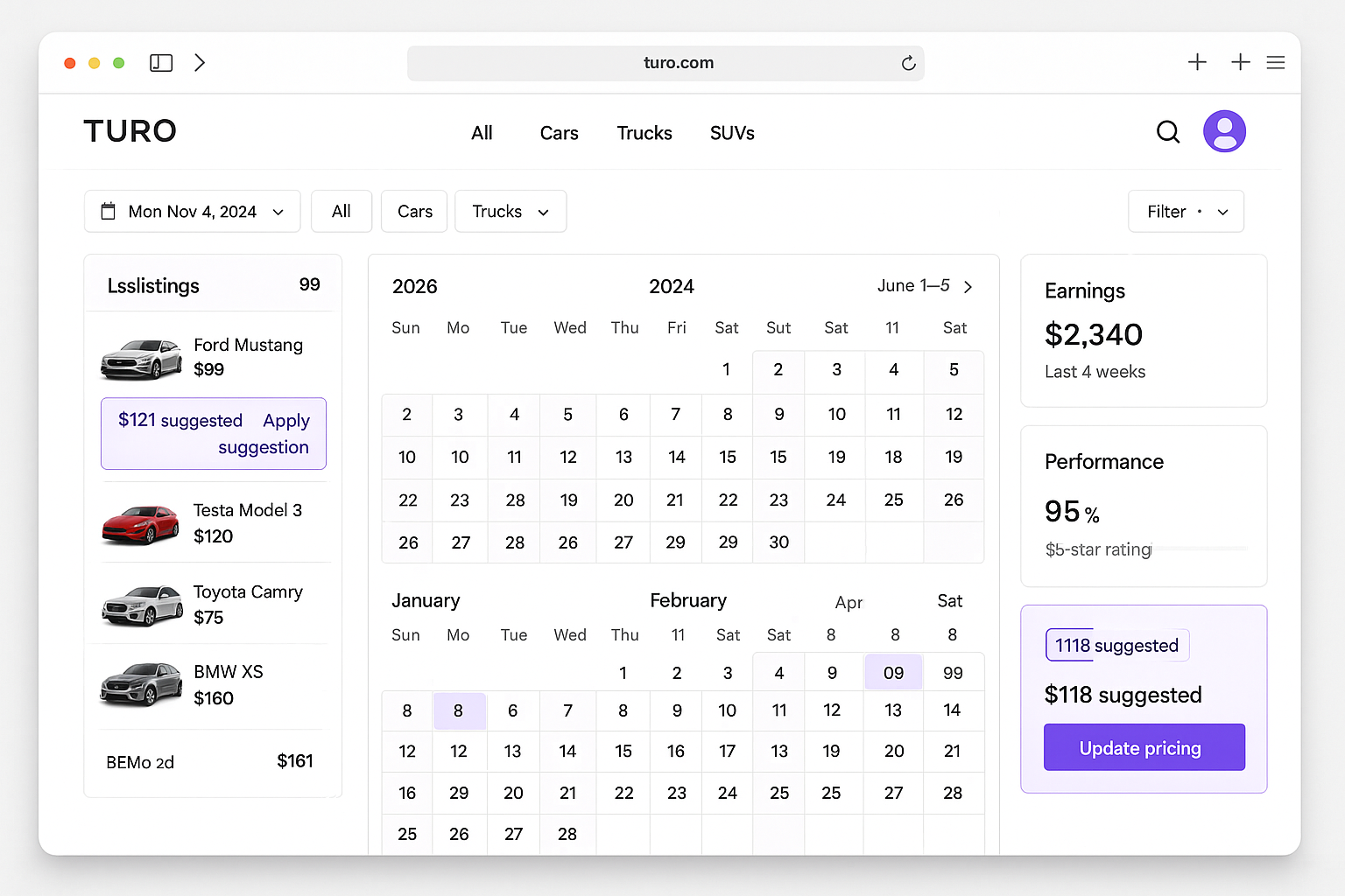 Turo host dashboard showing car listing interface with pricing suggestions and booking calendar for 2026