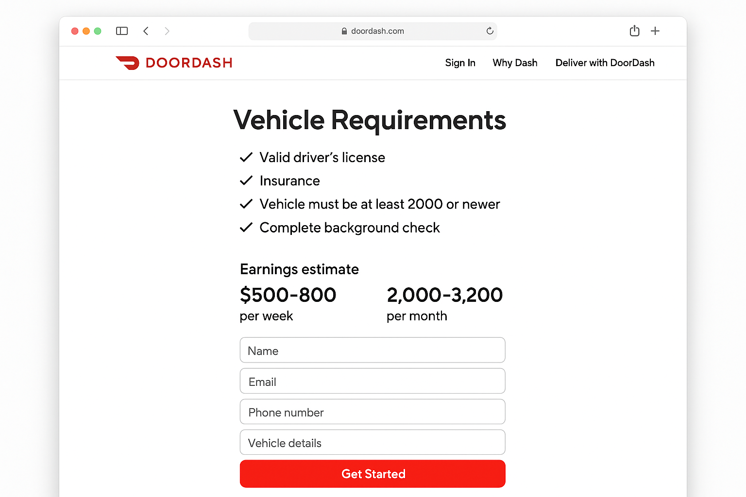 DoorDash driver signup page showing vehicle requirements and earning estimates for food delivery in 2026