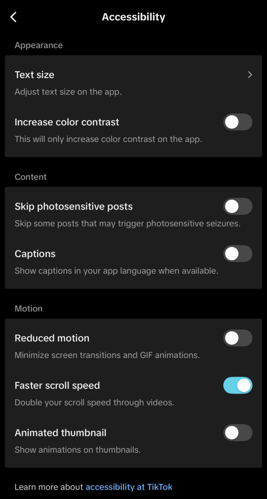 Tiktok accessibility - Online Tech Tips TikTok Accessibility settings screen showing AutoScroll or Auto-Advance toggle or Faster scroll speed