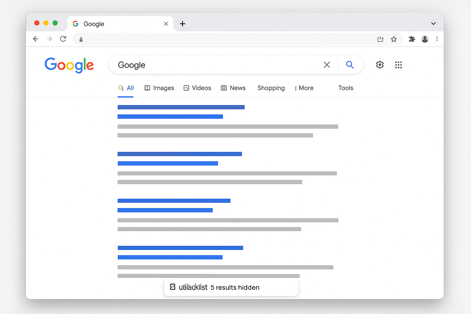 Google search results with uBlacklist notification at bottom showing