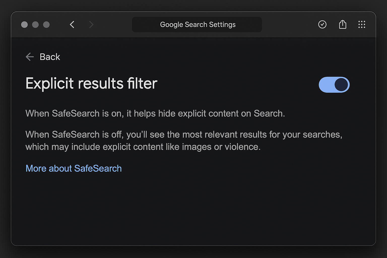 Google Search Settings page with SafeSearch toggle highlighted