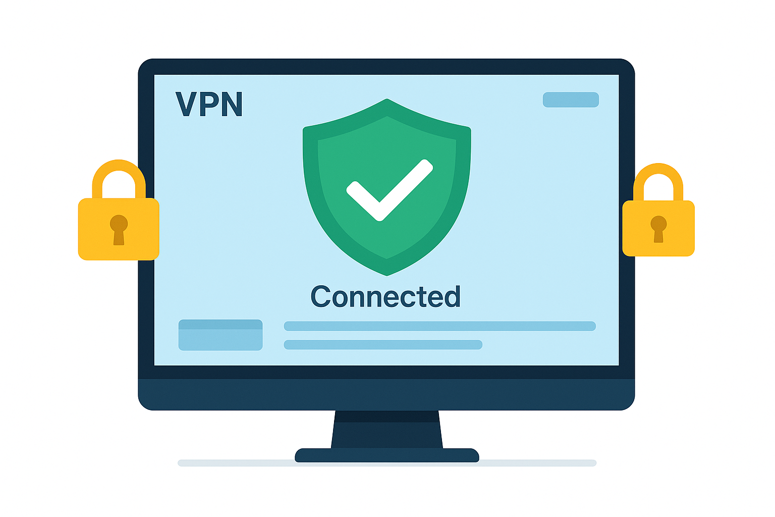 Computer screen showing VPN status dashboard with green checkmarks and security icons