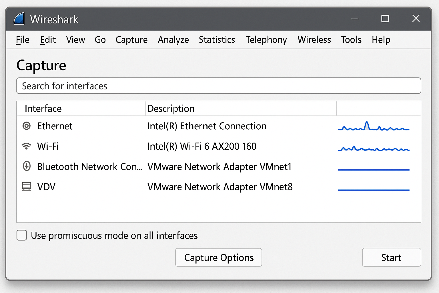 Wireshark 4.4+ interface selection screen showing network interfaces with traffic indicators