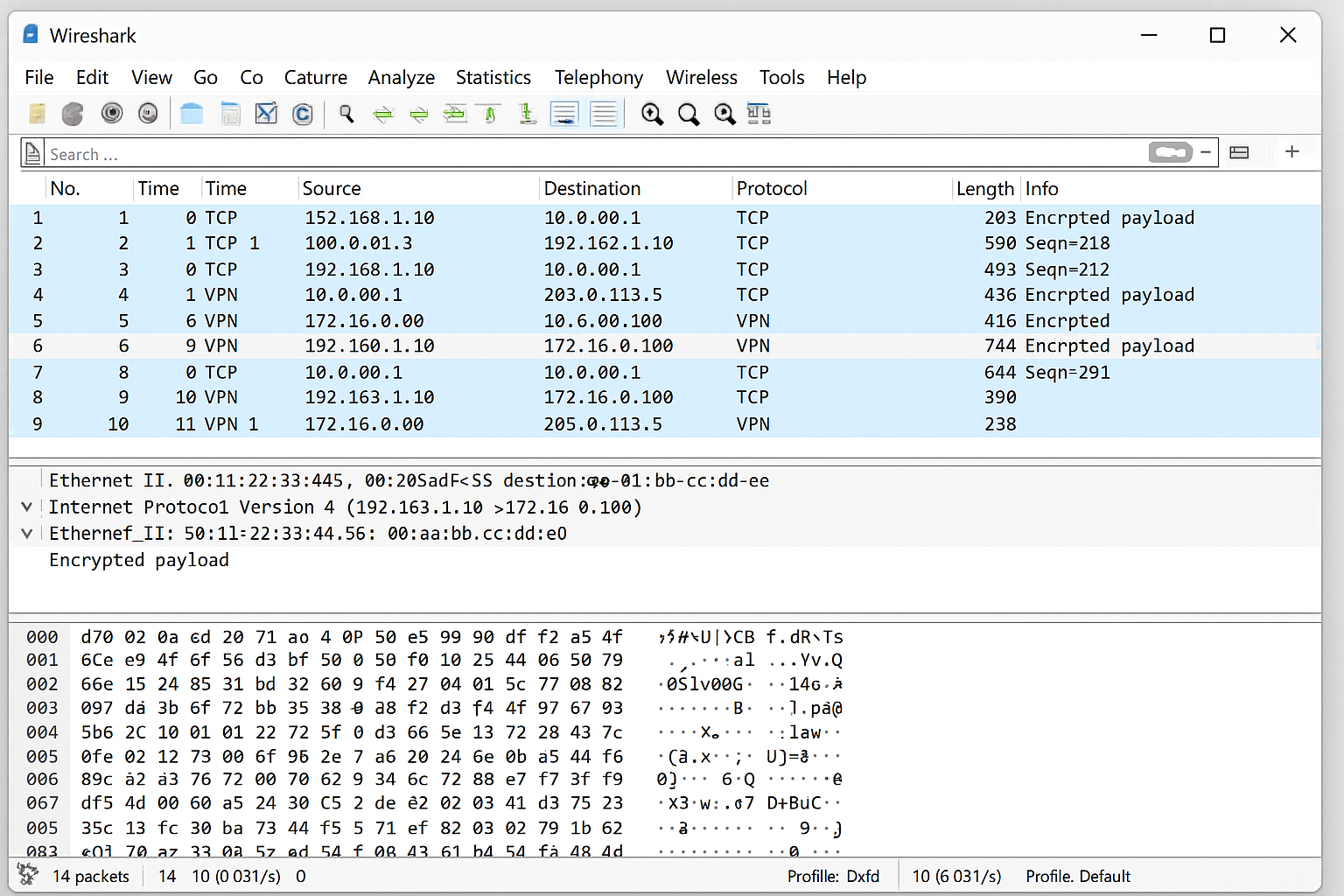 Wireshark packet analysis showing encrypted VPN traffic with unreadable payload data