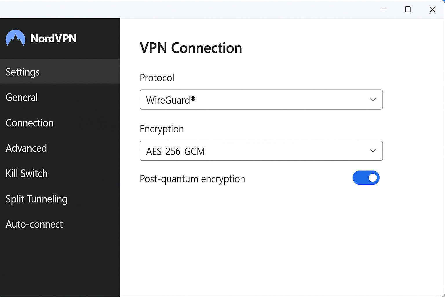 NordVPN app settings showing WireGuard protocol with AES-256-GCM encryption and post-quantum encryption enabled
