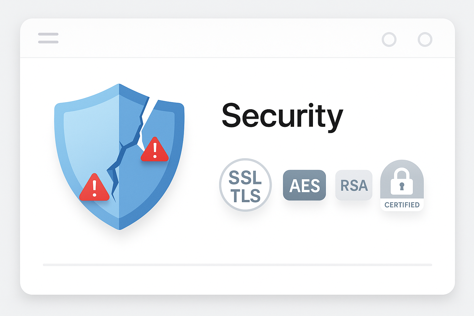 Shield icon with broken lock symbol next to modern encryption protocol logos