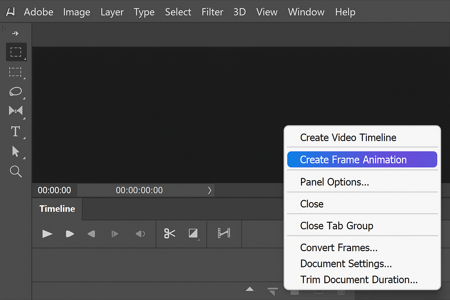 Timeline panel with Create Frame Animation option highlighted in dropdown menu