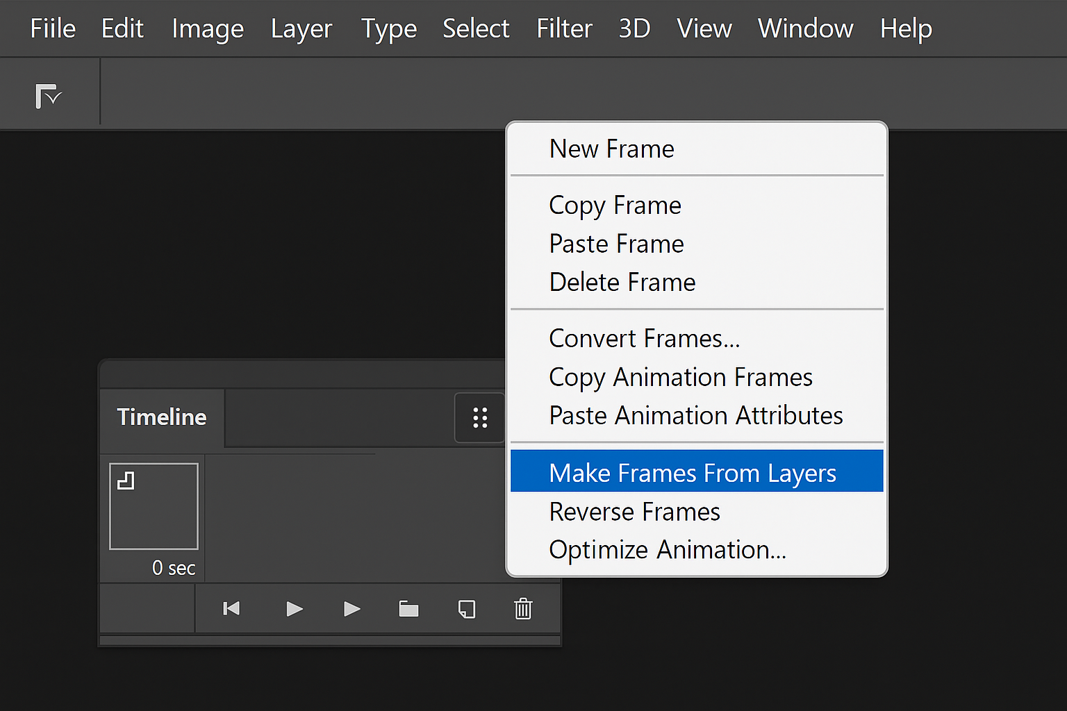 Timeline panel dropdown menu with Make Frames From Layers option highlighted