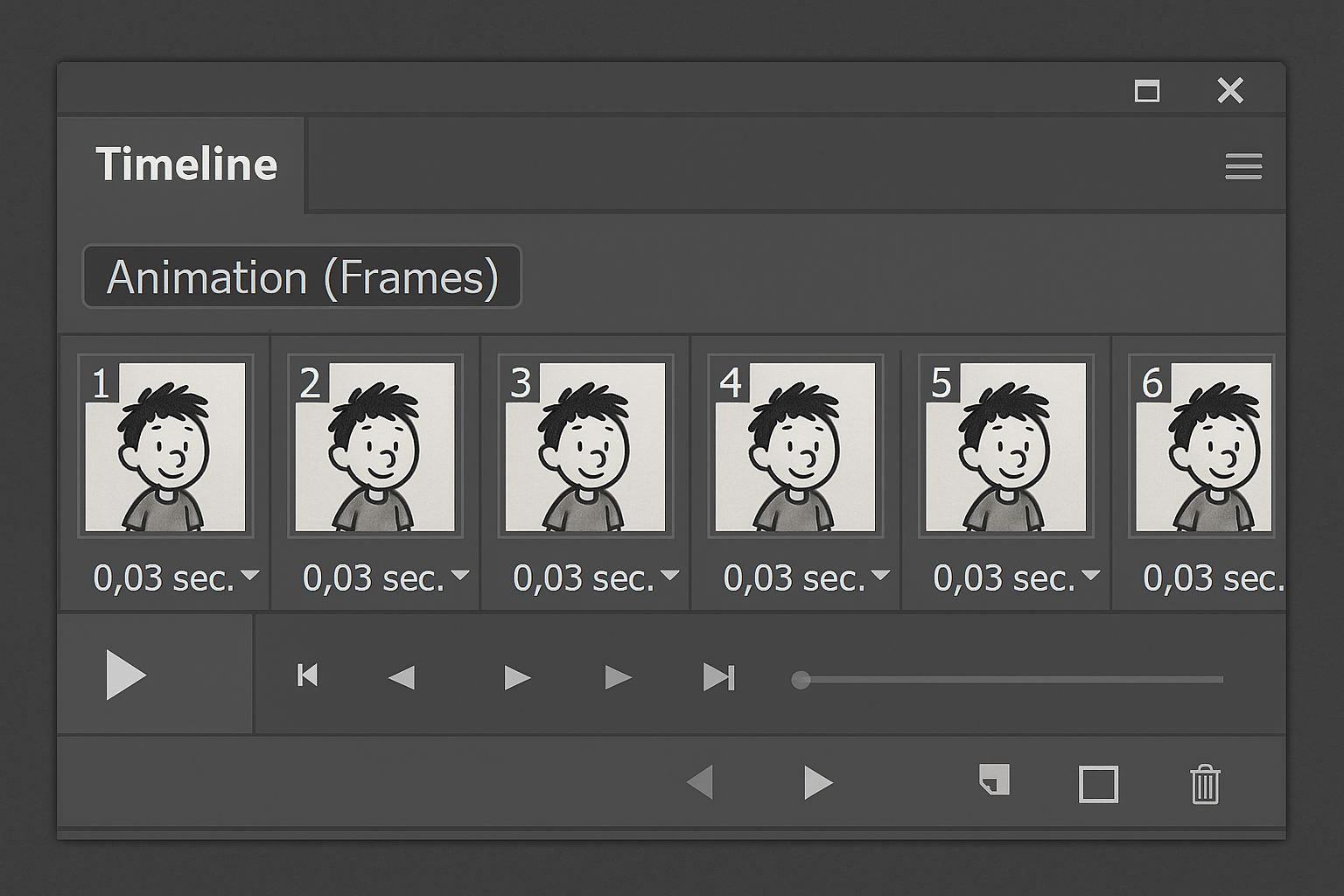 Timeline panel showing multiple animation frames with thumbnails