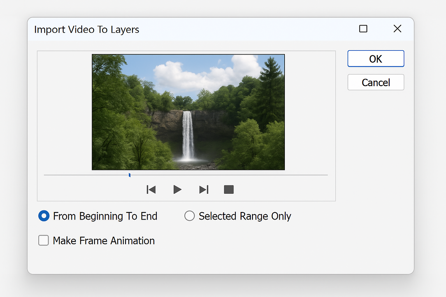 Video Frames to Layers dialog showing video preview and frame selection options