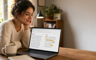 Woman in a cream sweater sits at a wooden table, gazing at a laptop displaying a document with a Before/After comparison, with a mug and notebook nearby to create a cozy workspace scene.