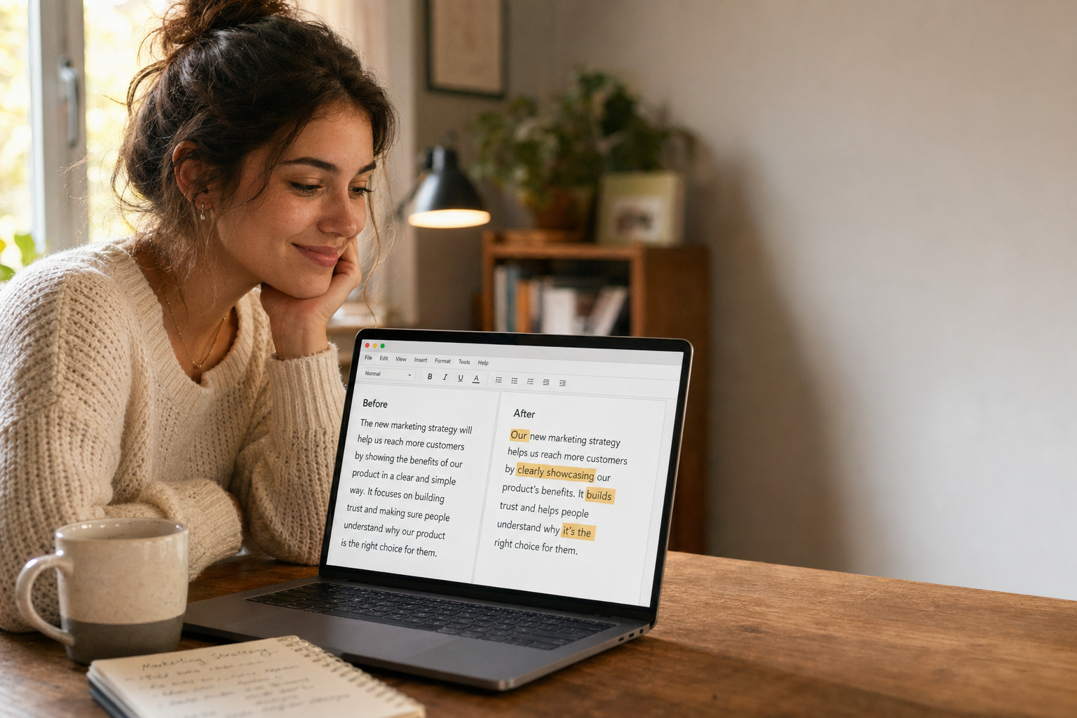 Woman in a cream sweater sits at a wooden table, gazing at a laptop displaying a document with a Before/After comparison, with a mug and notebook nearby to create a cozy workspace scene. - featured-3