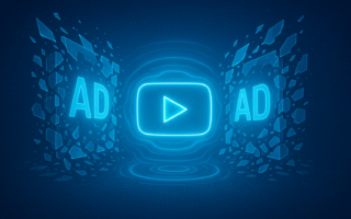 Center glowing play button icon with 'AD' text on both sides in a blue neon, digital ad/video concept background.