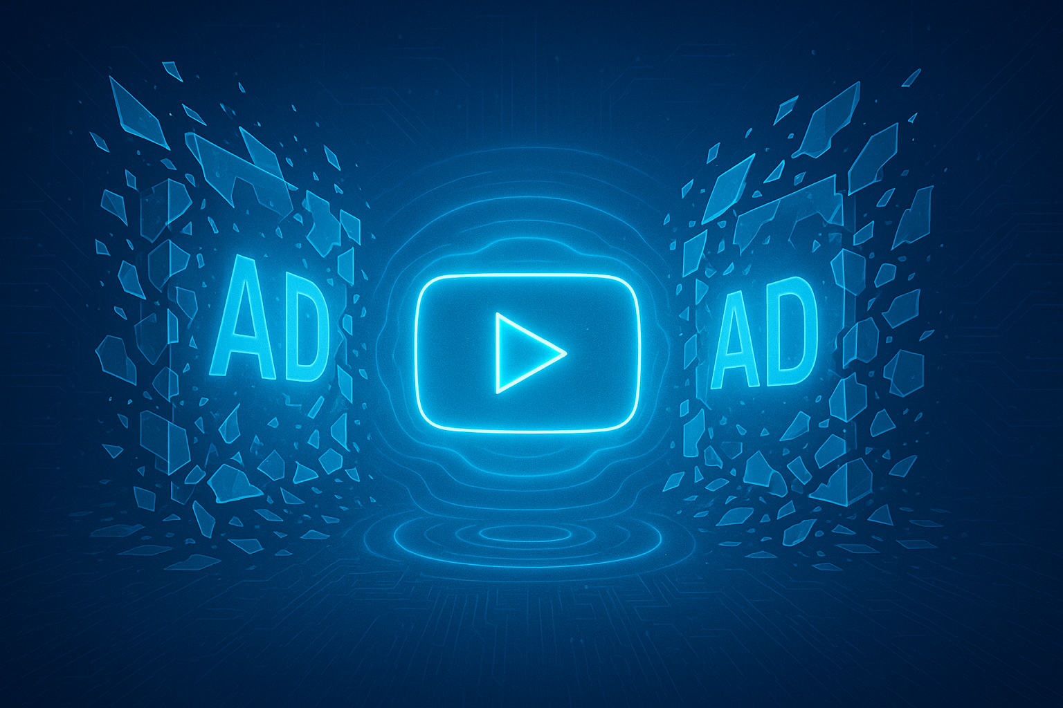 Center glowing play button icon with 'AD' text on both sides in a blue neon, digital ad/video concept background. - featured-4