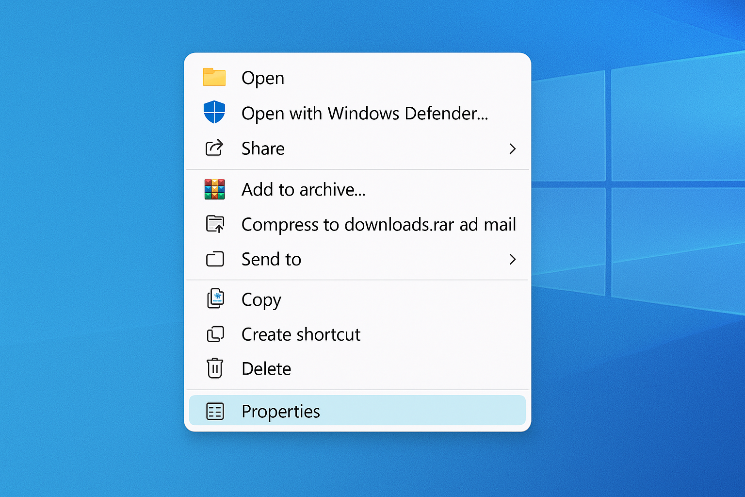 Right-click context menu on folder with Properties option highlighted