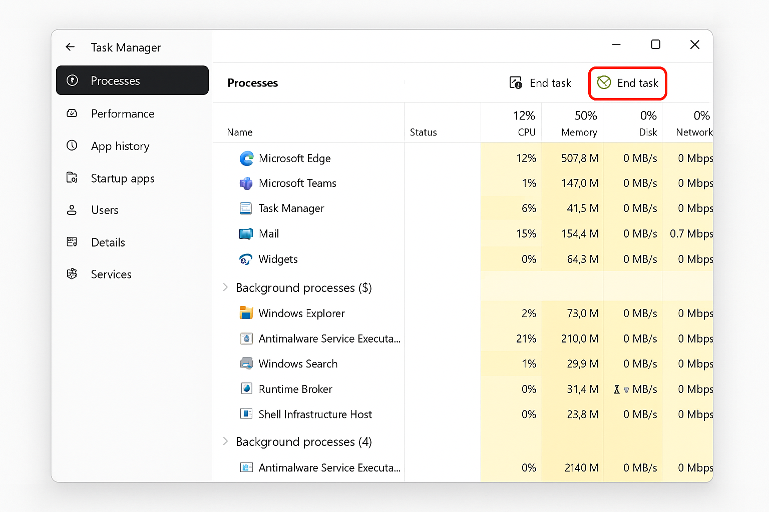 Windows 11 Task Manager Processes tab with End task button highlighted