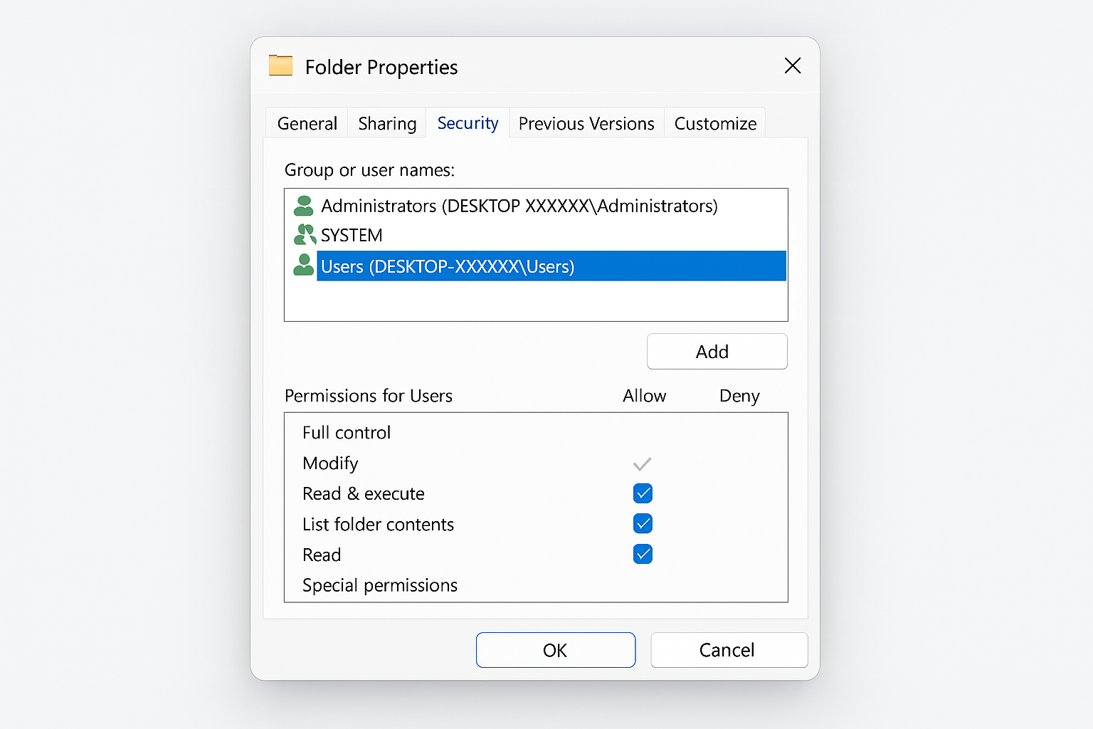 Windows 11 Folder Properties dialog with Security tab selected and Advanced button highlighted