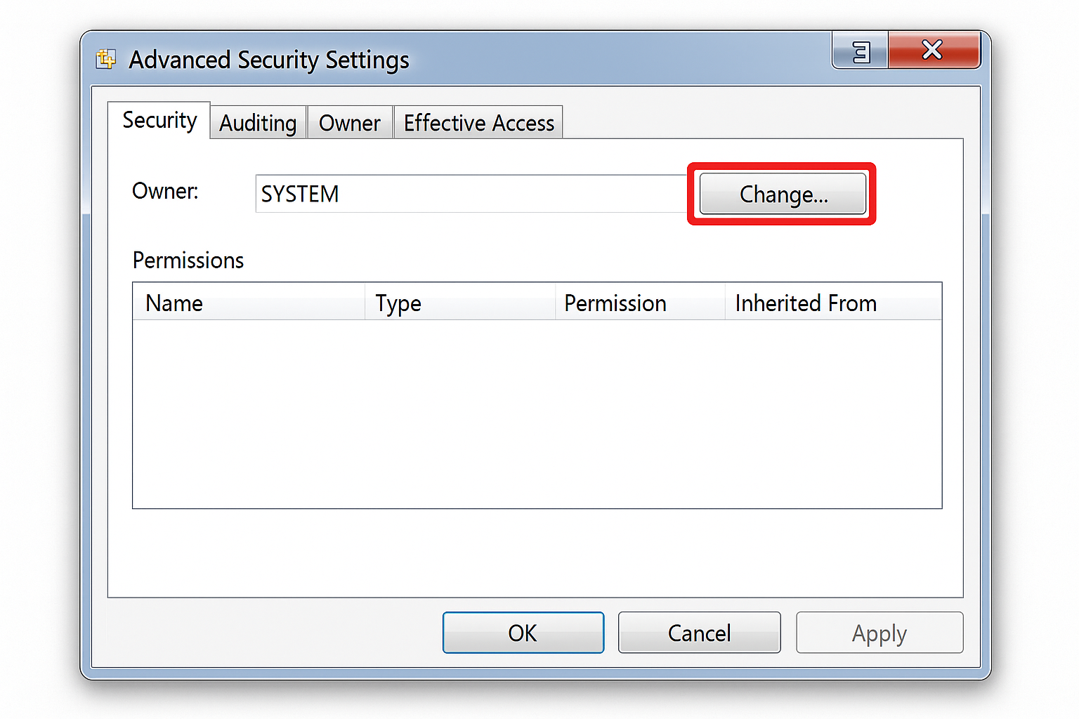 Advanced Security Settings dialog with Owner field and Change button highlighted