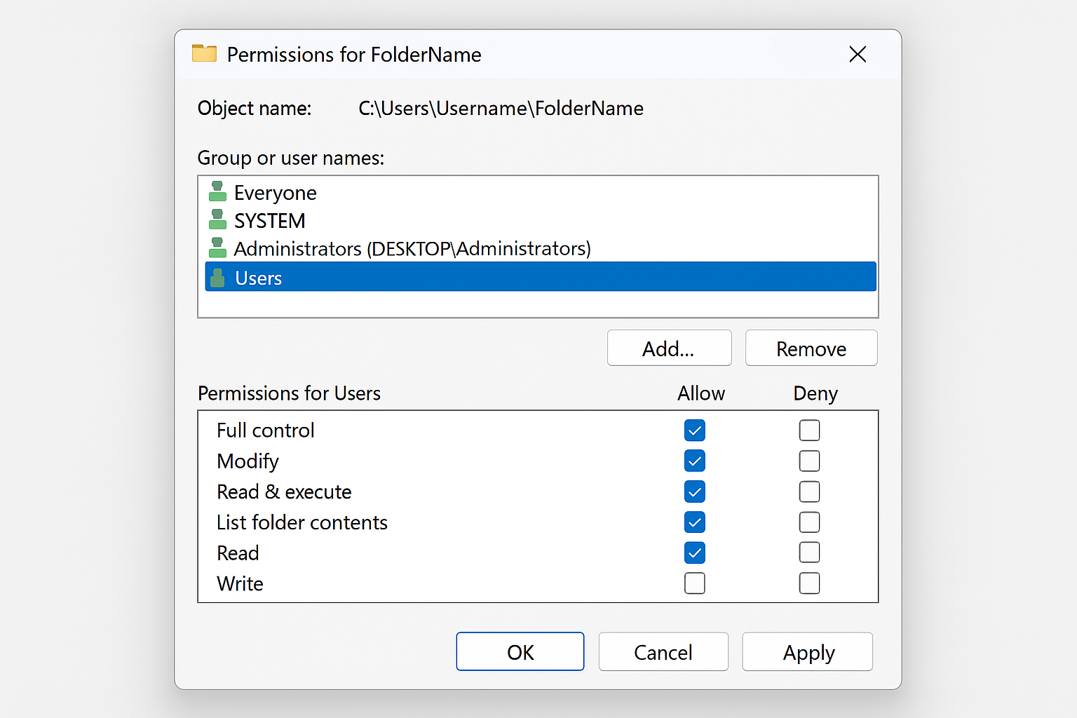 Windows 11 Folder permissions dialog showing Full control checkbox for user account