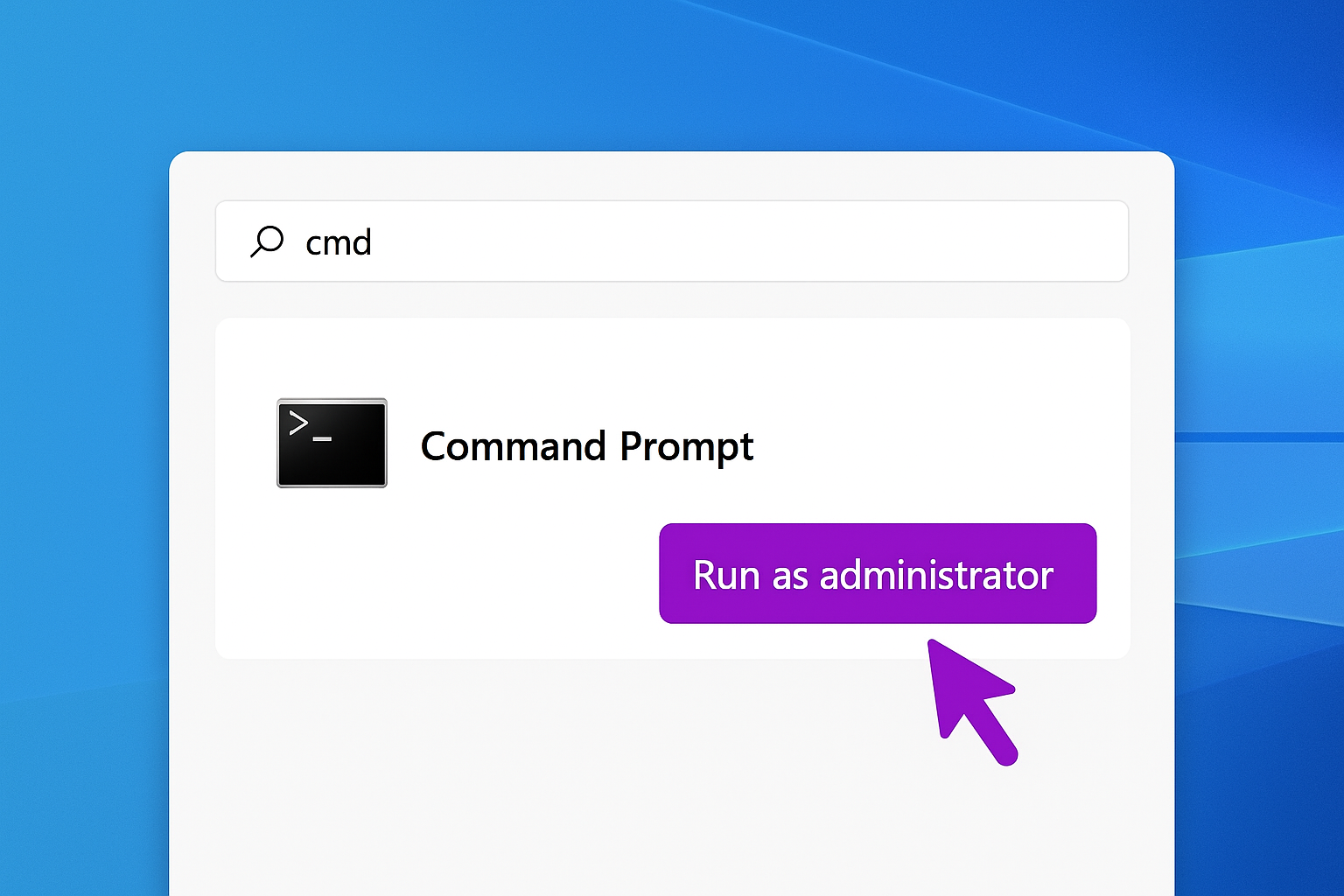 Windows Search showing cmd with Run as administrator option highlighted