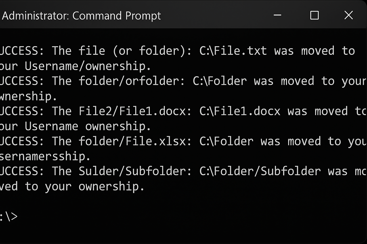 Command Prompt window showing takeown command being executed