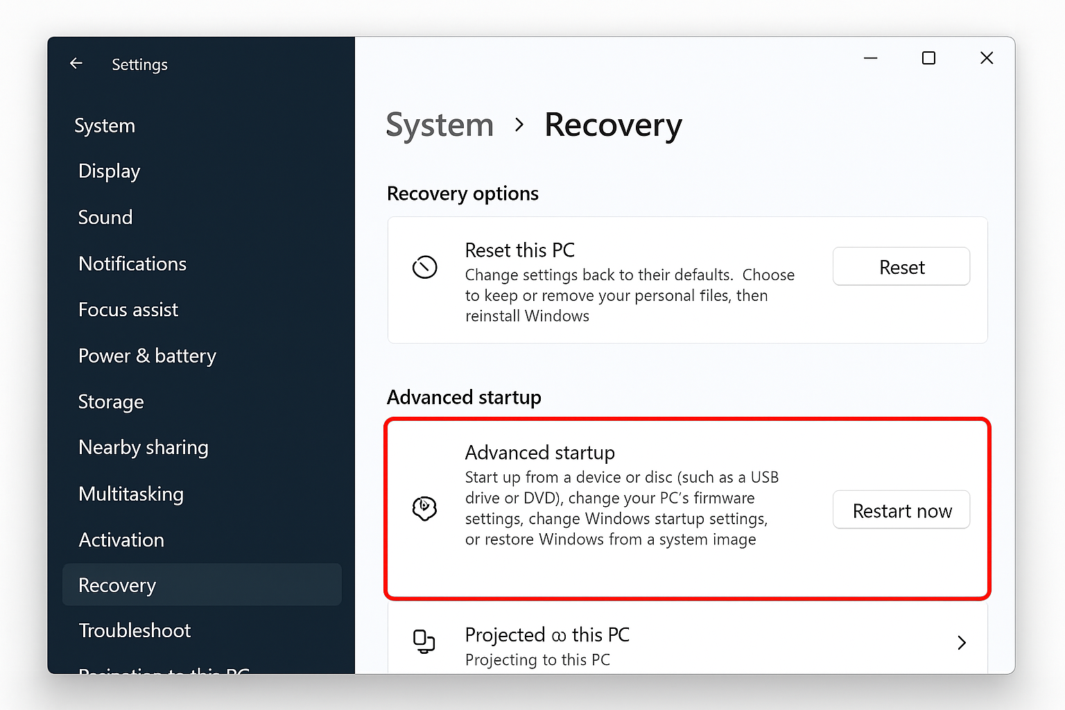 Windows 11 Settings Recovery page with Advanced startup section highlighted