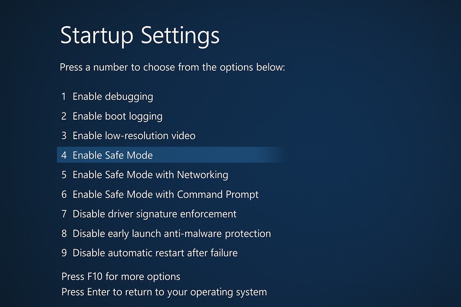 Windows Startup Settings menu with Safe Mode option highlighted