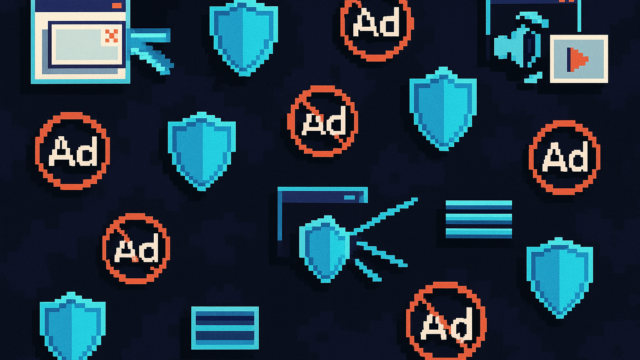 Decorative pixel-art pattern with Ad badges, blue shields, and media window icons on a dark background. - how-to-blockremove-advertisements-from-facebook-and-myspace-featured