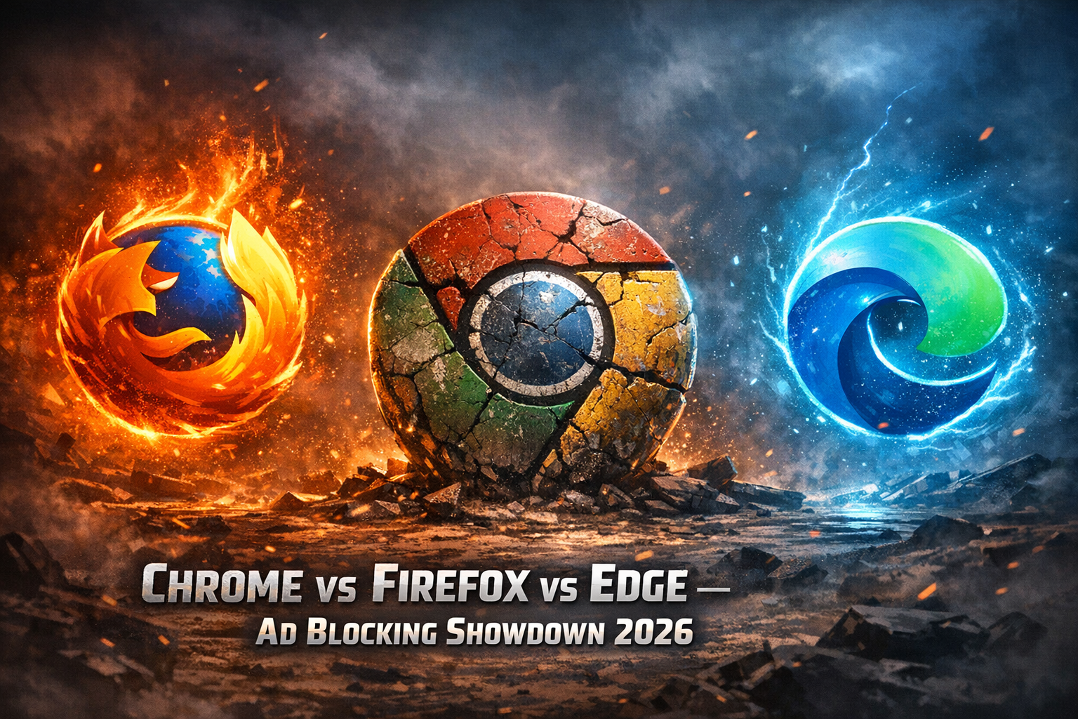 Three browser logos competing on a battlefield, Chrome visibly weakened.