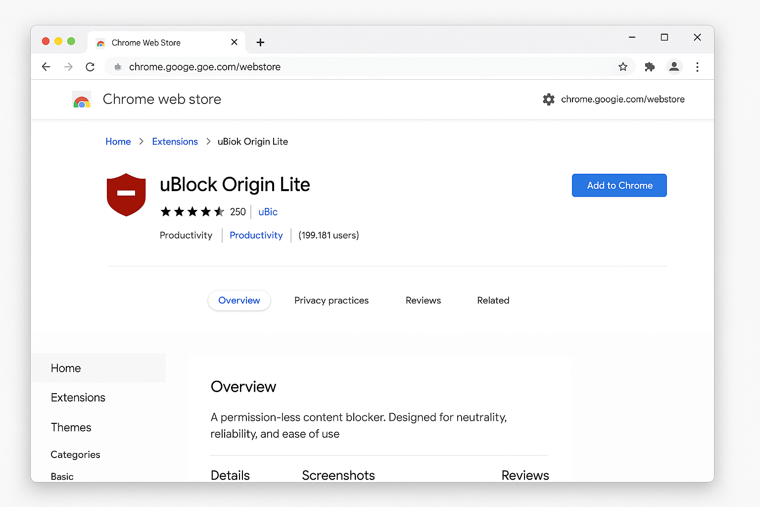 Chrome Web Store showing uBlock Origin Lite extension page with Add to Chrome button