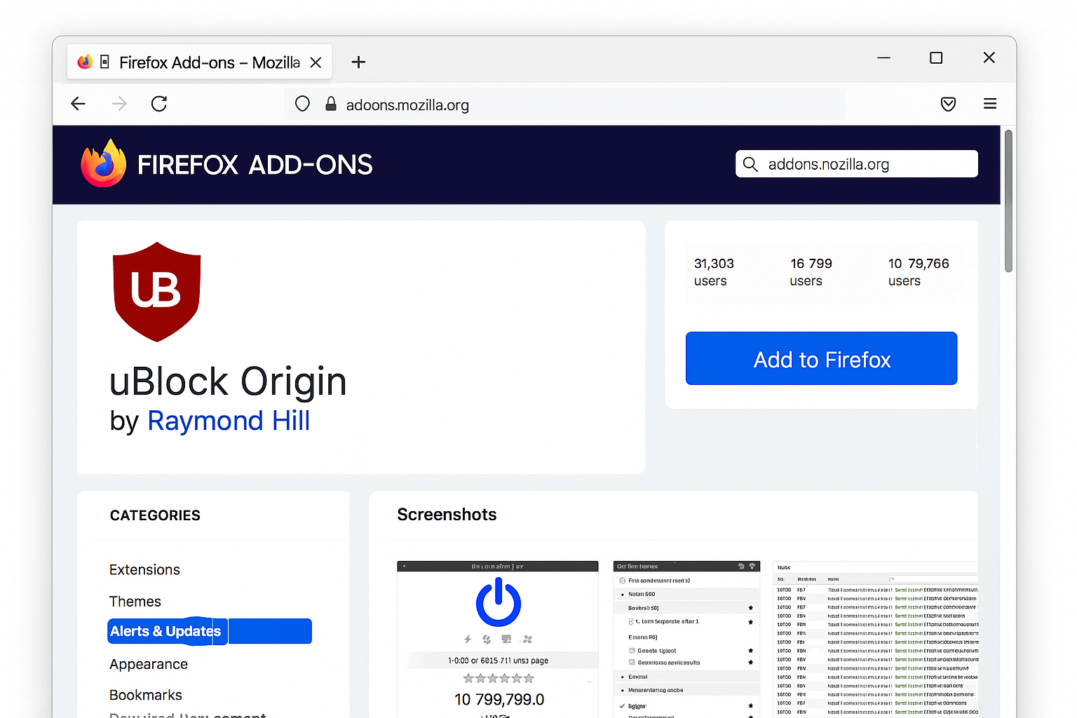 Firefox Add-ons page showing uBlock Origin extension with Add to Firefox button