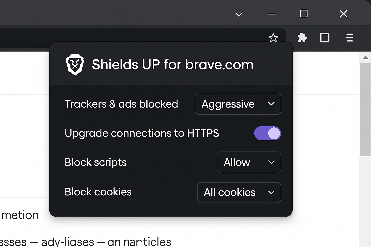 Brave browser shield settings panel showing ad blocking set to Aggressive